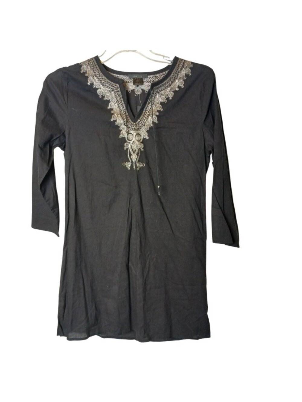 Ing.Com Black Large Tunic Top W/ Silver Embroidery Tassel Cotton Hippy Boho #I-2 - Picture 9 of 10